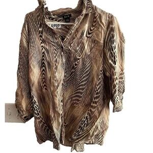 Vtg Zoe D. Animal Print 100% Linen Button Front Blouse Large Brown Classic Work